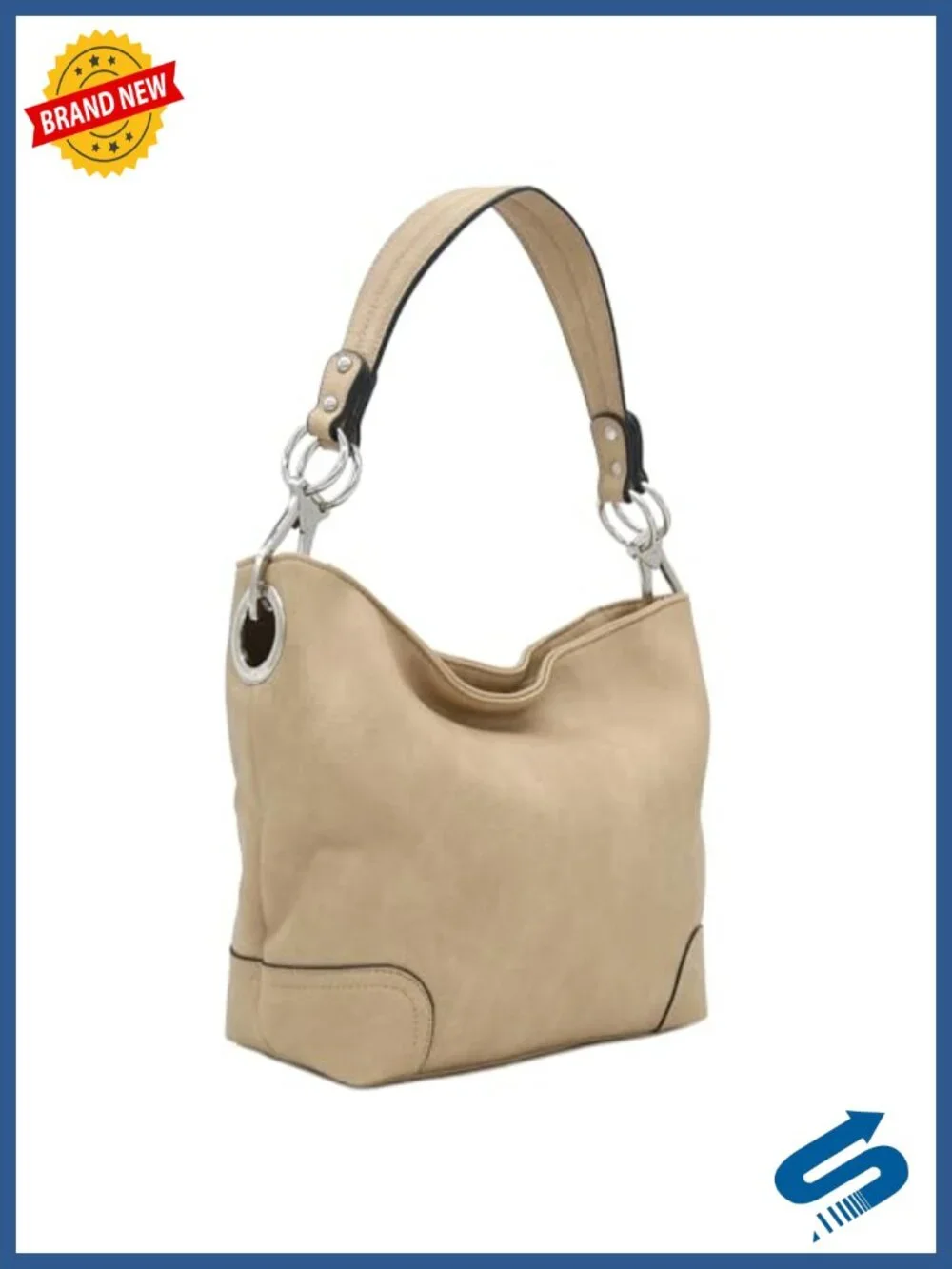 Faux Leather Hobo Shoulder Bag with Snap Hook Hardware - Taupe